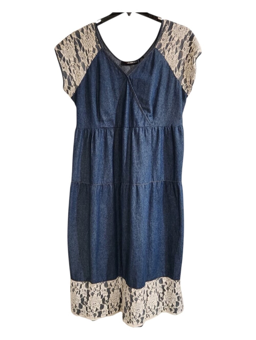 Denim 24/7 Dress 22W Plus Denim Lace Trim Tiered Midi Maxi 50" India *Flaw